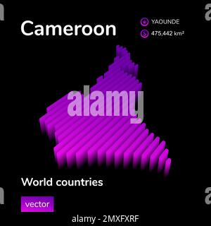 Isometrische 3D-Karte Kameruns mit stilisierten, gestreiften Vektoren. Karte von Kamerun in Neonviolett und Pink Stock Vektor