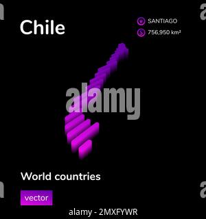 Karte von Chile 3D. Stilisierte isometrische Vektorskala in violetten Farben auf schwarzem Hintergrund. Stock Vektor