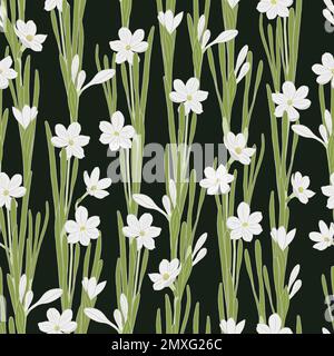 Weiße Narzissen, nahtloses Vektormuster auf schwarzem Hintergrund. Narzisse Frühlingsblumen. Ideal für Textilien, Postkarten, Tapeten, Geschenkpapier. Vektordarstellung in flacher Form. Stock Vektor