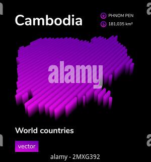 Kambodscha 3D Karte. Stilisierte isometrische Neonvektorkarte von Kambodscha in violetten und rosafarbenen Farben auf schwarzem Hintergrund Stock Vektor