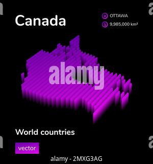 Karte Kanada 3D. Stilisierte Neonfarben Einfache digitale isometrische Vektorskala mit Streifen in violetten und rosafarbenen Farben auf schwarzem Hintergrund Stock Vektor