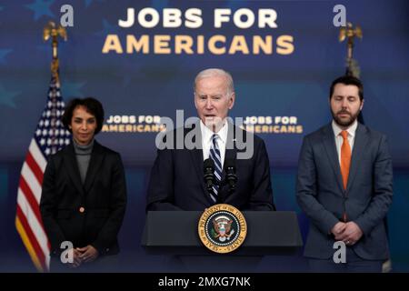 USA Präsident Joe Biden spricht am 3. Februar 2023 im South Court Auditorium im Weißen Haus in Washington über den Beschäftigungsbericht im Januar. Guthaben: Yuri Gripas/Pool über CNP Stockfoto