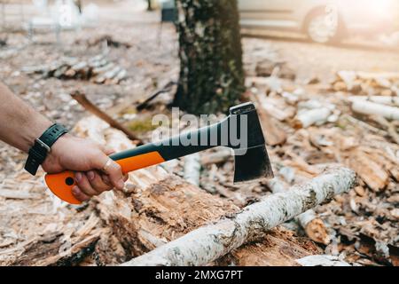 Männliche Hand mit kleiner Axt. Birkenholz schneiden im Camping für Lagerfeuer Stockfoto