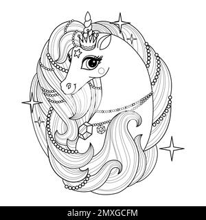 Der Kopf eines wunderschönen Einhorns mit einer langen Mähne. Schwarzweiß-Linearzeichnung. Für die Gestaltung von Malbüchern, Abzügen, Postern, Karten, Aufklebern, Stock Vektor