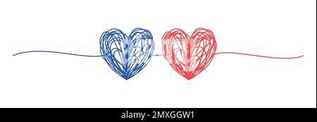 Zwei verschlungene Herzen, rosa und blau, handgezeichnet Stock Vektor