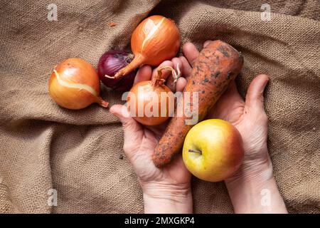 Zwiebeln, Karotten und Apfel schmutzig in den Händen der Großmutter auf dem Tisch, Ernte, Gemüse und Obst Stockfoto