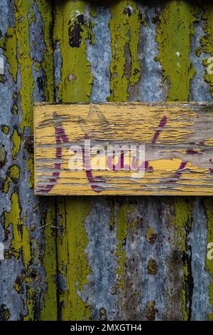 Rostig grün gestrichen und graue Wand eines alten Wellblechschuppens in Bridport. Abstrakt, Hintergrund mit hellen Farben und Texturen. Schmuddelig bunt. Stockfoto