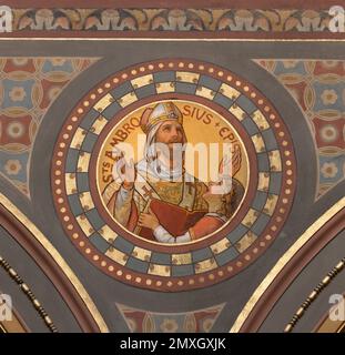 BERN, SCHWEIZ - JUNY 27, 2022: Das Fresko von St. Ambrose in der Dreifaltigkeitskirche von August Müller (1923). Stockfoto