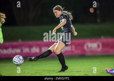 HEERENVEEN, NIEDERLANDE - FEBRUAR 3: Charlotte Hulst von Fortuna Sittard erzielt die 1-2 während des Spiels Azerion Eredivisie Vrouwen zwischen SC Heerenveen und Fortuna Sittard im Sportpark Skoatterwâld am 3. Februar 2023 in Heerenveen, Niederlande (Foto von Pieter van der Woude/Orange Pictures). Guthaben: Orange Pics BV/Alamy Live News Stockfoto