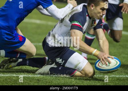 Treviso, Italien. 03. Februar 2023. Francois Mey versucht 2023 U20 - Italien gegen Frankreich, Rugby Six Nations Match in Treviso, Italien, Februar 03 2023 Kredit: Independent Photo Agency/Alamy Live News Stockfoto