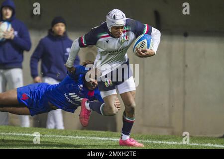 Treviso, Italien. 03. Februar 2023. Matthias Douglas 2023 U20 - Italien gegen Frankreich, Rugby Six Nations Match in Treviso, Italien, Februar 03 2023 Kredit: Independent Photo Agency/Alamy Live News Stockfoto