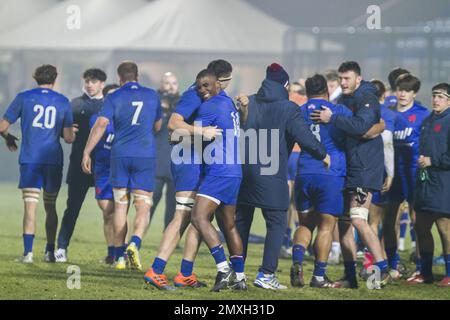Treviso, Italien. 03. Februar 2023. Frankreich feiert Sieg 2023 U20 - Italien gegen Frankreich, Rugby Six Nations-Spiel in Treviso, Italien, Februar 03 2023 Kredit: Independent Photo Agency/Alamy Live News Stockfoto