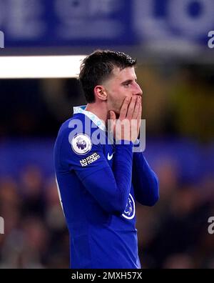 Chelsea's Mason Mount reagiert während des Premier League-Spiels auf der Stamford Bridge, London. Foto: Freitag, 3. Februar 2023. Stockfoto