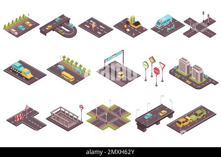 Runde Zusammensetzung isometrischer Bauelemente der Straße mit Barrieren, Pkw, Verkehrsschildern und Vektordarstellung von Stadtgebäuden Stock Vektor