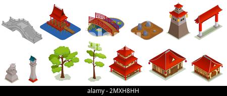 Asiatische Architektur mit Isometrien und Bildern traditioneller orientalischer Gebäude und Landformen, Vektordarstellung Stock Vektor