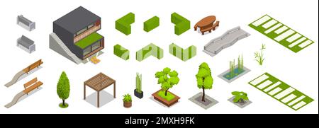 Isometrisches Landschaftsdesign mit isolierten Pflanzen- und Gartenmöbeln mit Brücke- und Gebäudevektorgrafik Stock Vektor