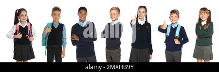 Kinder in Schuluniformen auf weißem Hintergrund. Bannerdesign Stockfoto