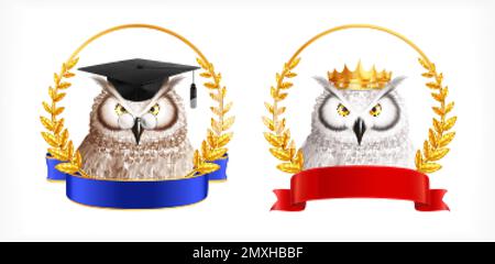 Set aus zwei isolierten Emblemen mit Bildern eines realistischen Lorbeerkranzes und einer Vektordarstellung mit einem leeren Band Stock Vektor