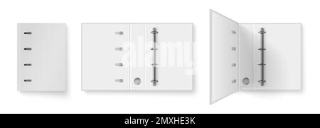Realistisch weißer Büroordner mit Metallringen für A4 Blatt Papier in 3 Positionen, isolierte Vektordarstellung Stock Vektor