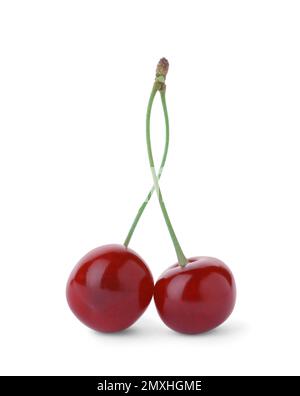 Süße rote, saftige Kirschen, isoliert auf Weiß Stockfoto