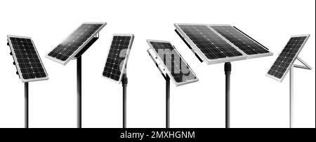 Set mit verschiedenen Sonnenkollektoren auf weißem Hintergrund, Bannerdesign. Alternative Energiequelle Stockfoto