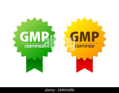GMP – Good Manufacturing Practice zertifiziertes Schild, Etikett. Stock Vektor