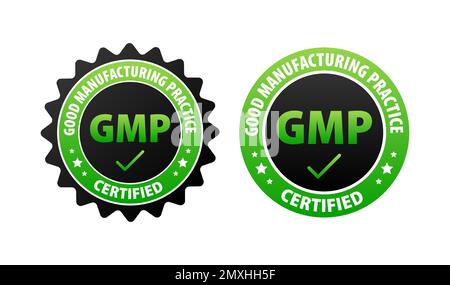 GMP – Good Manufacturing Practice zertifiziertes Schild, Etikett. Stock Vektor