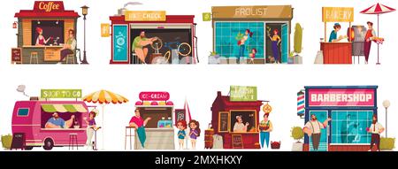 Kleinunternehmen Satz von Fahrrad prüfen Floristen Barbershop Eis Bäckerei Suppe flach Kompositionen isoliert Vektor Illustration zu gehen Stock Vektor