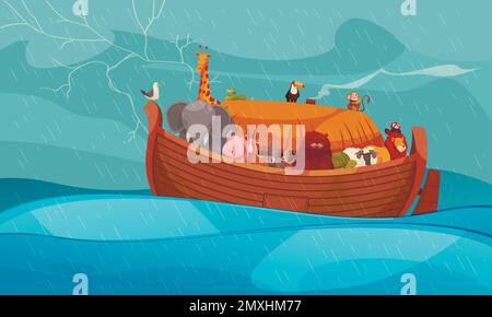 Noahs Arche mit Haustieren während Sturm auf Meer flache Farbe Hintergrund Cartoon Vektor Illustration Stock Vektor