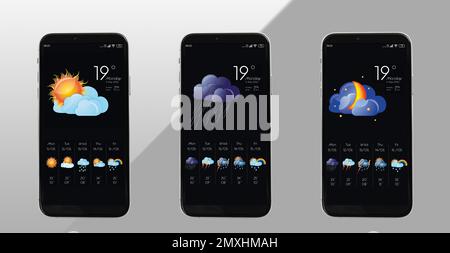 Smartphone-Set mit offener Wettervorhersage-App auf grauem Hintergrund. Bannerdesign Stockfoto