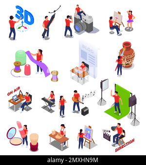 Kunst und kreative Berufe isometrische Symbole setzen isolierte Vektor-Illustration Stock Vektor