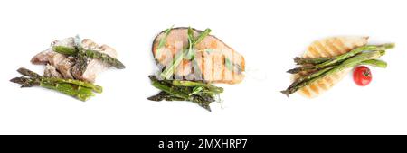 Verschiedene köstliche Gerichte mit Spargel auf weißem Hintergrund, Bannerdesign Stockfoto