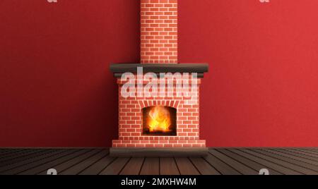 Kamin realistische Zusammensetzung mit Innenansicht und klassischen Stil Kamin aus Ziegeln mit Feuer Vektor-Illustration Stock Vektor