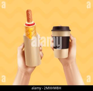 Französisch Hot Dog realistische Zusammensetzung mit Sicht der menschlichen Hände halten Kaffee und Hotdog Vektor-Illustration Stock Vektor