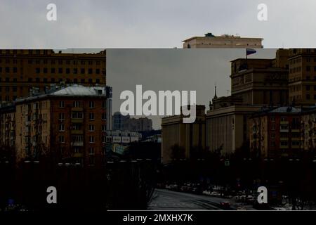 Moskau, Russland. 3. Februar 2023. Pantsir-S1 ist auf dem Dach des russischen Verteidigungsministeriums in Moskau zu sehen. Das mittlere Boden-Luft-Raketen- und Flugabwehr-Artilleriesystem wurde Berichten zufolge im Januar 2023 auf der Spitze des russischen Verteidigungsministeriums installiert. (Kreditbild: © Vlad Karkov/SOPA Images via ZUMA Press Wire) NUR REDAKTIONELLE VERWENDUNG! Nicht für den kommerziellen GEBRAUCH! Stockfoto