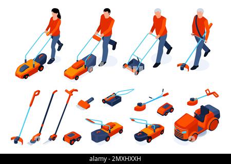 Isometrische Symbole für Rasenmäher mit Personen, die mit elektrischen Trimmern und Rasenmähern arbeiten, isolierte Vektordarstellung Stock Vektor