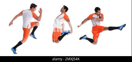 Collage mit Fotos eines jungen Fußballspielers auf weißem Hintergrund. Bannerdesign Stockfoto