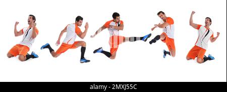 Collage mit Fotos eines jungen Fußballspielers auf weißem Hintergrund. Bannerdesign Stockfoto