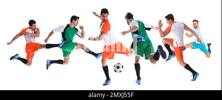 Fotocollage mit jungen Männern, die Fußball spielen, auf weißem Hintergrund. Bannerdesign Stockfoto