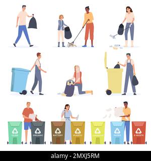 Menschen sammeln Müll und sortieren Abfall flat set isoliert Vektor-Illustration Stock Vektor
