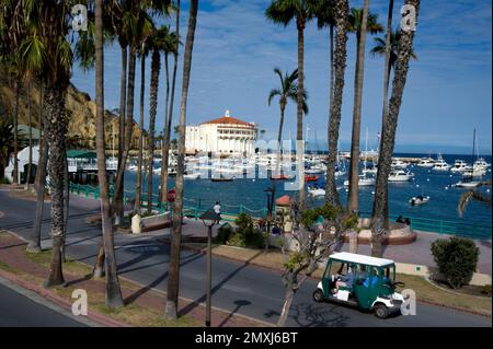 Ein Elektrofahrzeug transportiert Besucher auf Catalina Island mit Hafen- und Casino-Gebäude im Hintergrund der Küste von Los Angeles, CA. Stockfoto