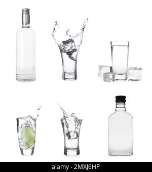 Set mit Flaschen und Wodka-Shots auf weißem Hintergrund Stockfoto