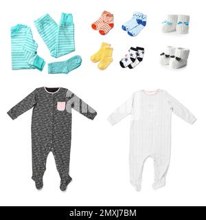 Set mit verschiedenen Babykleidung auf weißem Hintergrund Stockfoto