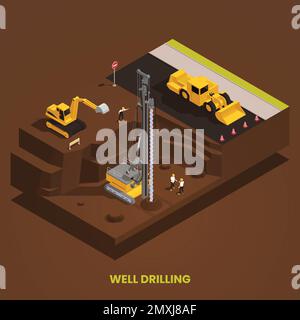 Brunnenbohren in der Fundamentgrube mit Bohrgerät und Bagger isometrische Zusammensetzung auf braunem Hintergrund 3D Vektorgrafik Stock Vektor