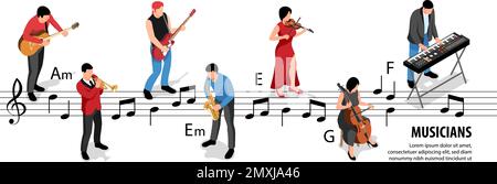 Isometrische Musiker Infografiken mit Menschen spielen Instrumente mit Noten auf Hintergrund Vektor-Illustration Stock Vektor