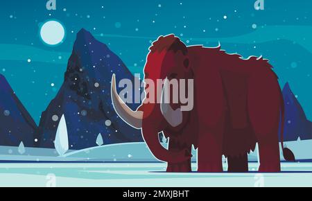 Uraltes Mammut in verschneiten Bereich mit Felsen im Hintergrund Cartoon-Vektor-Illustration Stock Vektor