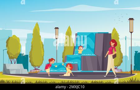 Kinder spielen im Brunnen im Stadtpark auf dem Hintergrund mit blauem Himmel und Stadtbild Cartoon-Vektor-Illustration Stock Vektor