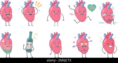 Figuren aus menschlichen Organen Zeichentrickserie mit isolierten Bildern des anatomischen menschlichen Herzens mit Vektor-Illustration für Gesicht und Gliedmaßen Stock Vektor