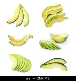Satz Avocado-Schichten auf weißem Hintergrund Stockfoto