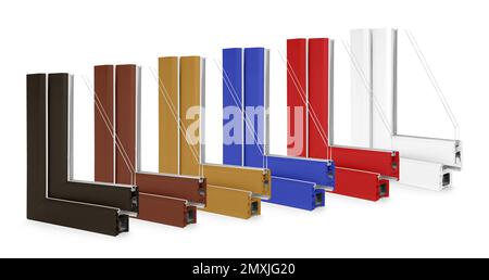 Set mit Mustern eines modernen Fensterprofils in verschiedenen Farben auf weißem Hintergrund, Bannerdesign Stockfoto